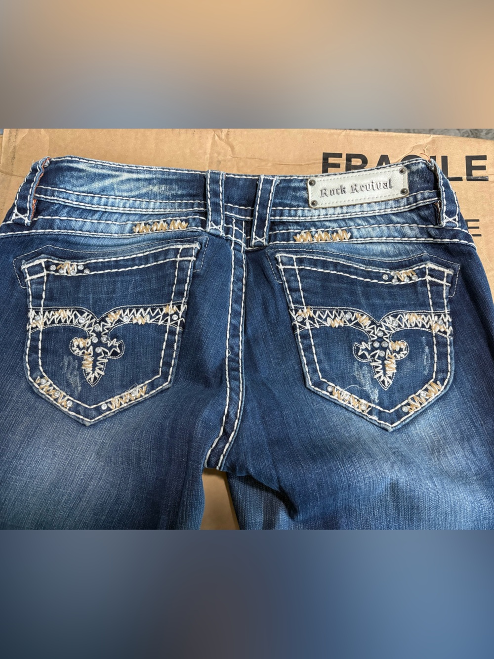 Rock Revival Dark Blue Boot Cut Jeans with Embroidered Pockets
